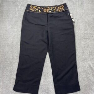 Larry Levine Cropped Pants Women 12 Black Beaded Waistband Linen Blend